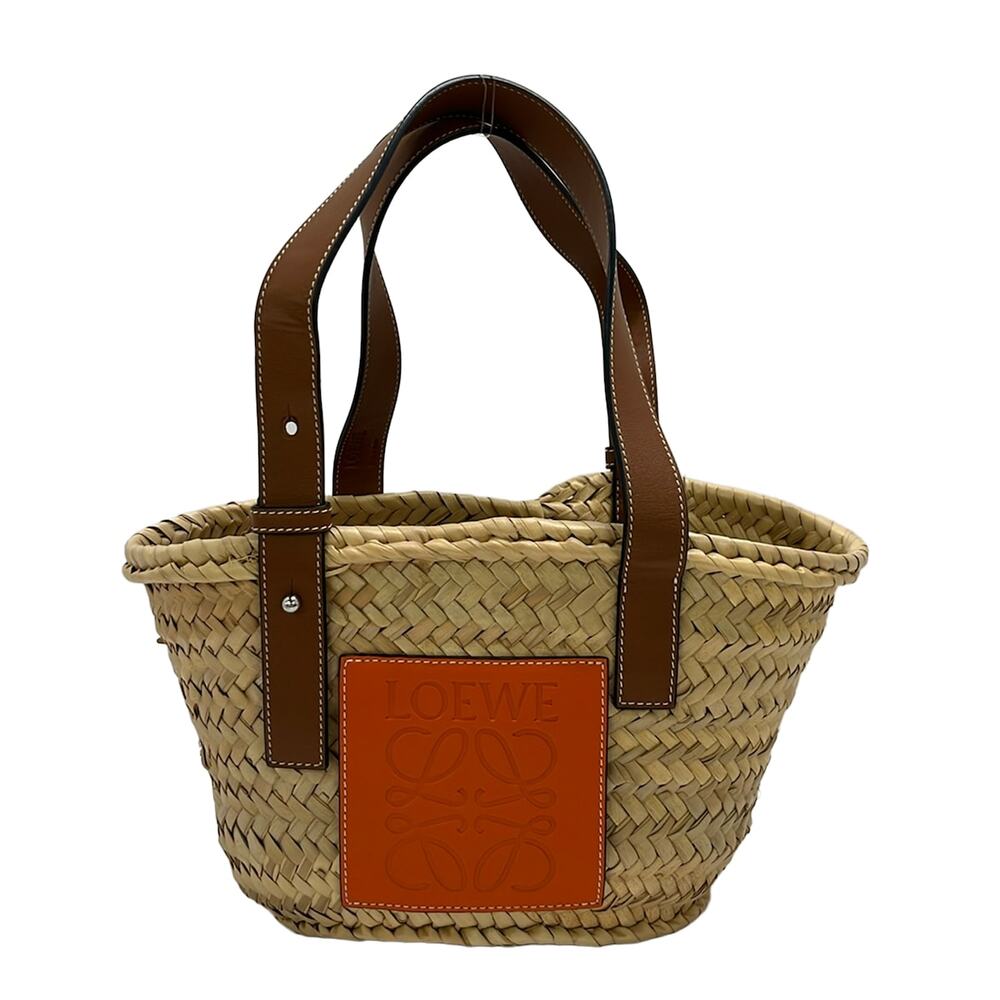 Loewe Basket Tote Bag Beige Brown Palm Leaf Calf Leather